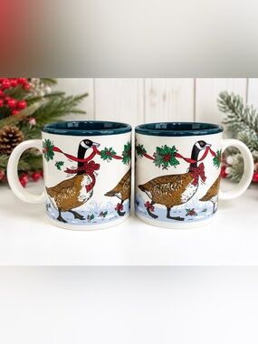 Vintage Christmas Goose Mugs Set 2 Cottagecore Farmhouse Country Kitchen Decor